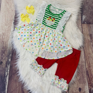 Embroidered Easter Chicks Strip & Polkadot Ruffle High Low Tunic Set
